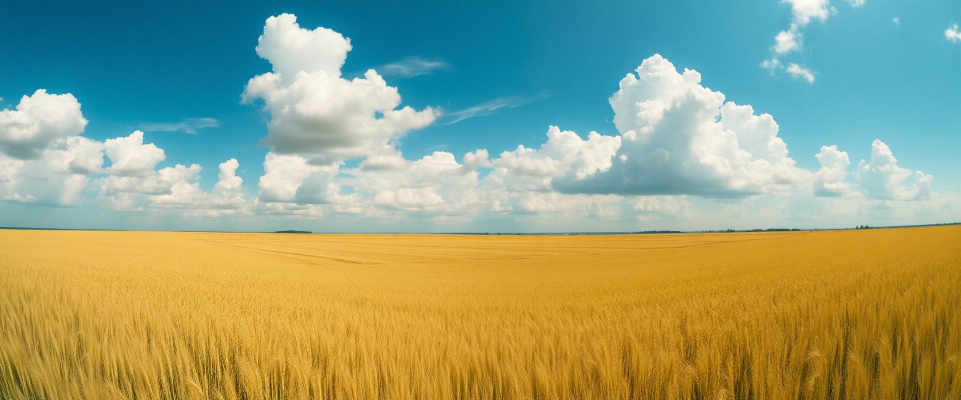 Golden wheat fields under a vast cloudy sky